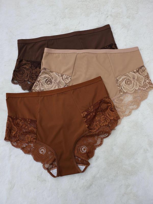 Plus Size Plain Contrast Lace Knicker, Breathable Comfortable Panty for Daily Wear, Women's Underwear for All Seasons